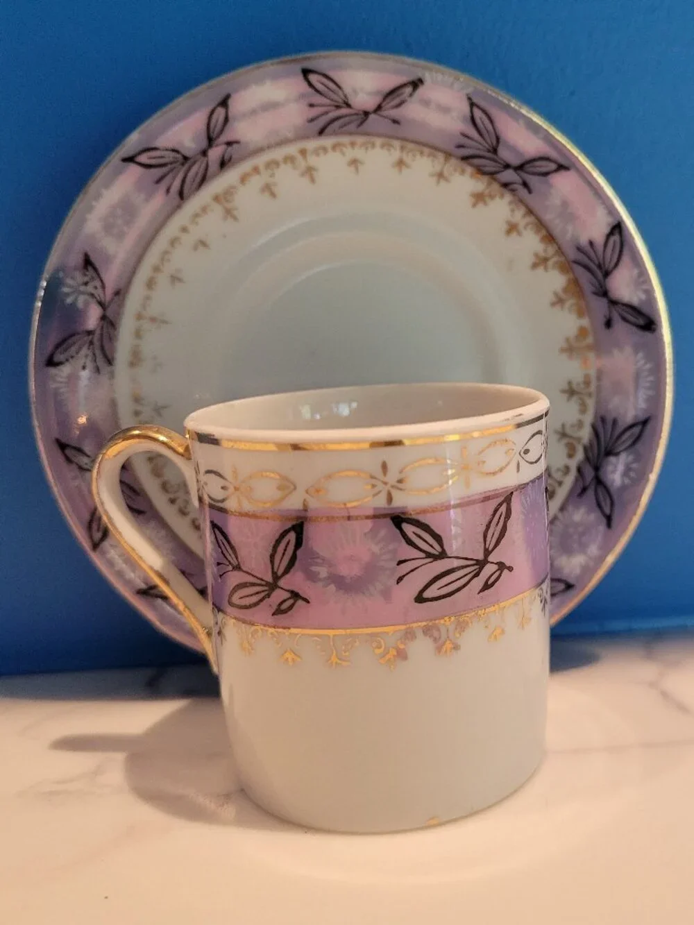 Vintage Lavender Porcelain Demitasse Espresso Cup & Saucer Set Gold Gilt
